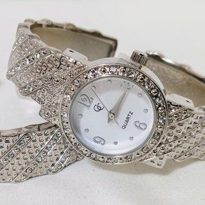 Rhinestone Cuff Watch with Matching Cuff Bracelet